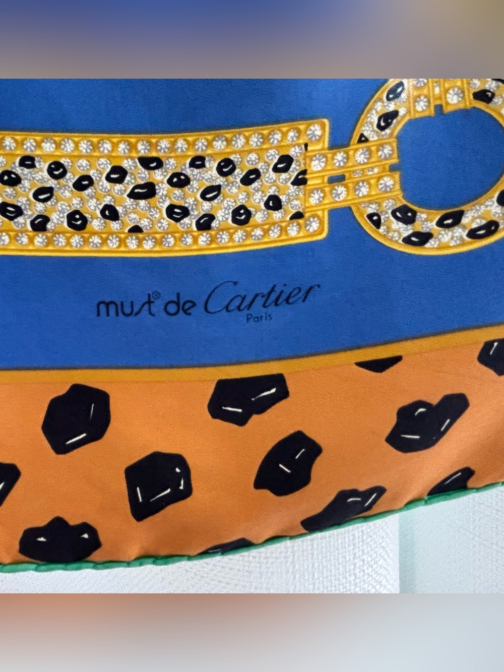 Cartier "Must de" Line Silk Scarf in Green, Blue & Orange, Vintage. Callouts. - Picture 11 of 11